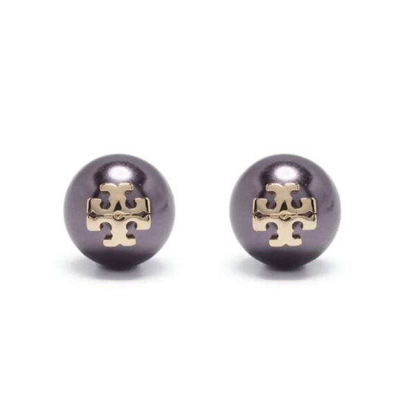 NEW Tory Burch Crystal Pearl Stud Earring Tory Gold Gray Classic Work Fall Gift - Picture 1 of 5